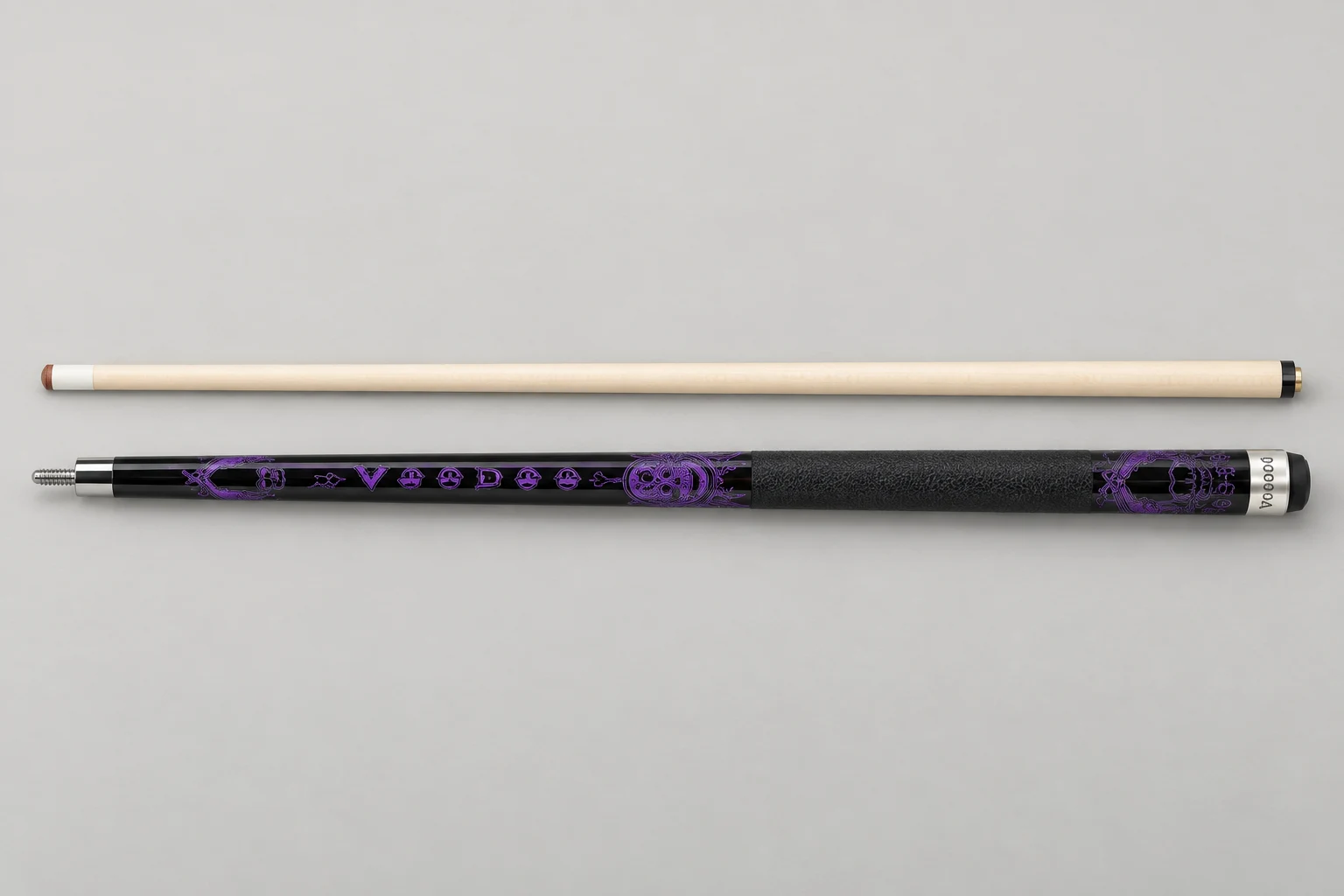 Voodoo VOD28 cue illustration, purple Kiss of Death artwork on black maple