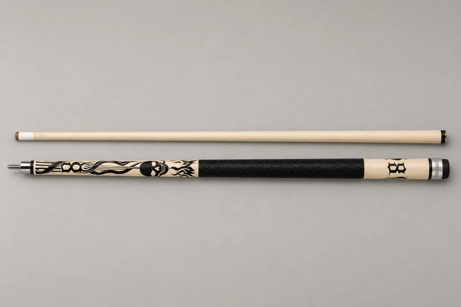 Voodoo VOD37 cue illustration, natural maple with Smoking Skull artwork